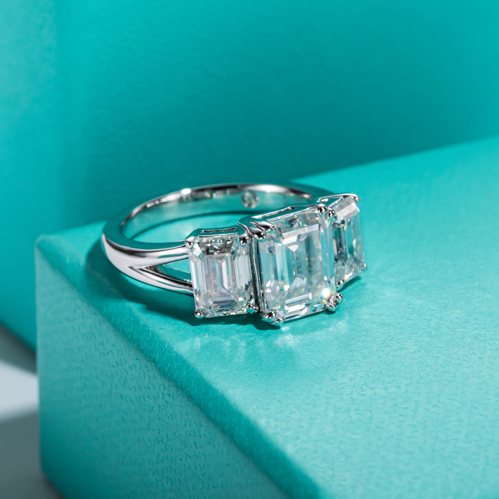 Emerald Cut 3 Stone Moissanite Engagement Ring (5 cttw)