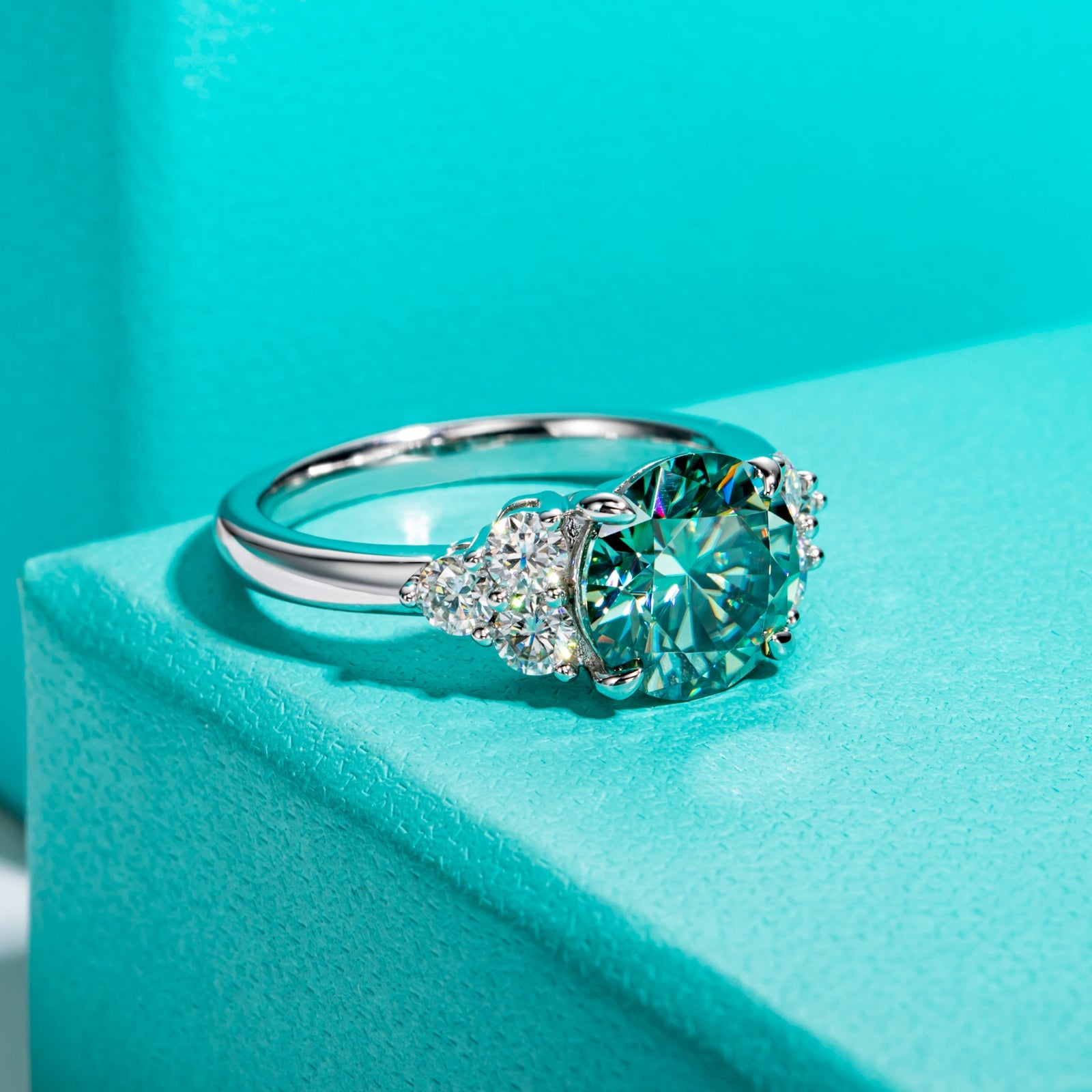 Light Blue Round Cut Moissanite Engagement Ring (3.6 cttw)