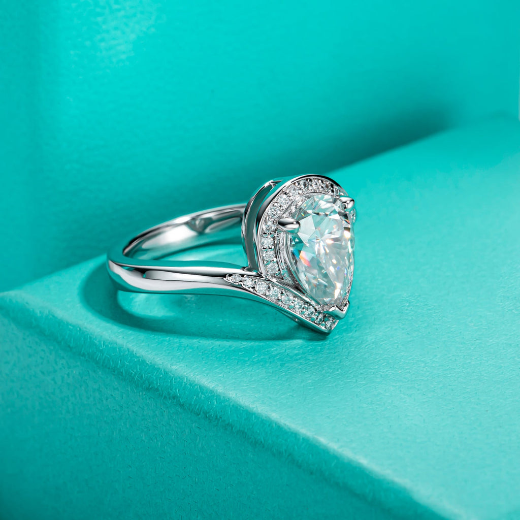 Pear Cut Halo Moissanite Engagement Ring (2.5 ct)