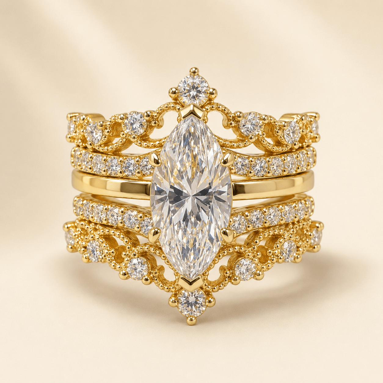 4.0Ct Marquise Cut 5A CZ Wedding Ring Set, S925 Sterling Silver Vintage Enhancer